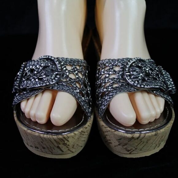 Yellow Box Silver Braid Platform Cork Wedge Size 6. - Picture 4 of 10